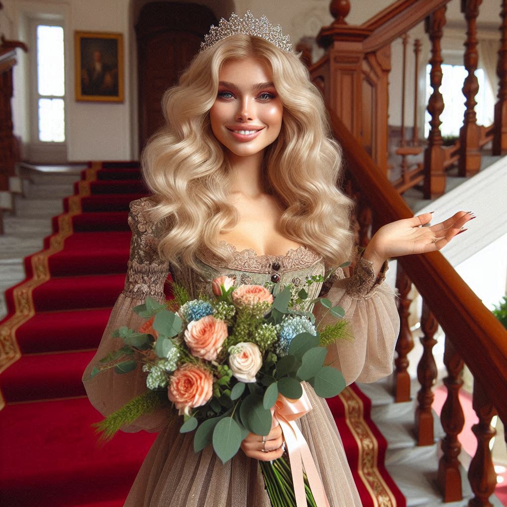 A beautiful blonde Russian woman resembling a celebrity, smiling as she hands over a bouquet, wearing a dress, standing on the staircase of a western-style mansion with a red carpet